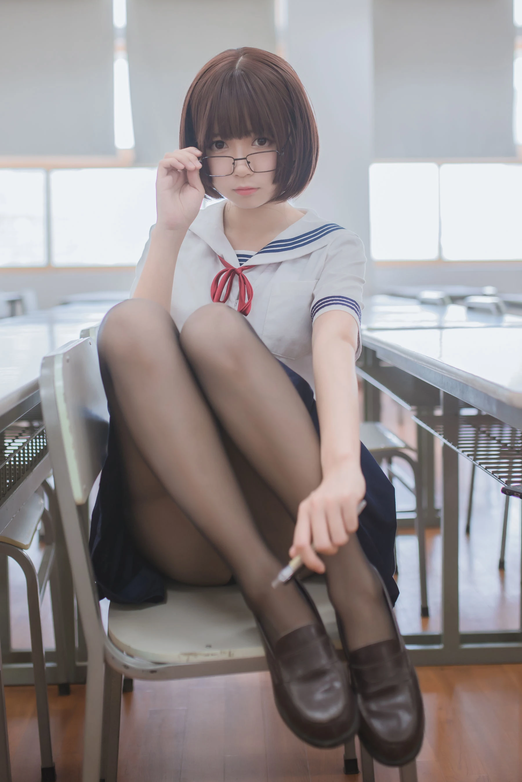 白金Saki – 蘑菇头黑丝JK插图2